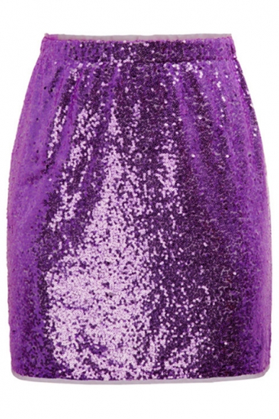 Womens Elastic Waist Candy Color Mini Bodycon Sequined Skirt for Party