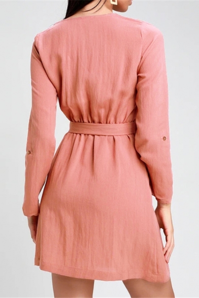 Womens Elegant Simple Plain V-Neck Long Sleeve Tied Waist Button Front Mini A-Line Dress