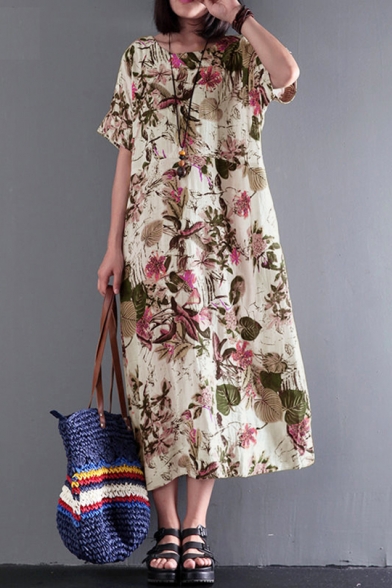 Womens Fancy Floral Pattern Round Neck Short Sleeve Maxi Casual Loose Linen Dress