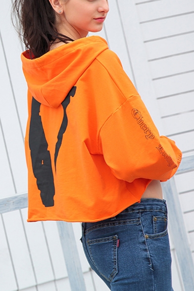 Womens Fashion Cool Letter Logo V Back Long Sleeve Loose Fit Crop Hoodie