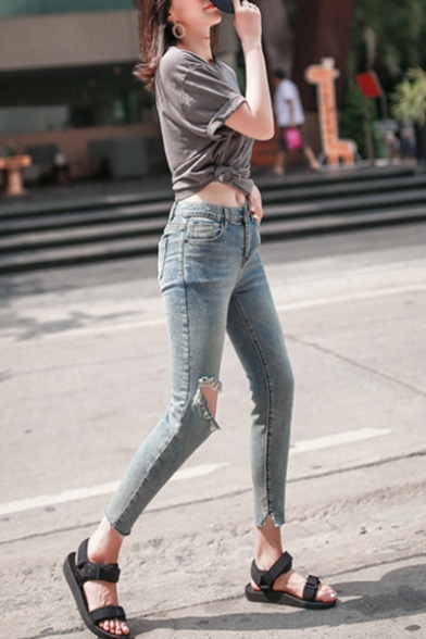 Womens Fashion High Rise Ripped Knee Cut Cropped Blue Slim Fit Jeans