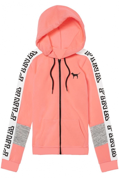 Womens Fashion Letter PINK Printed Long Sleeve Zip Up Casual Hoodie
