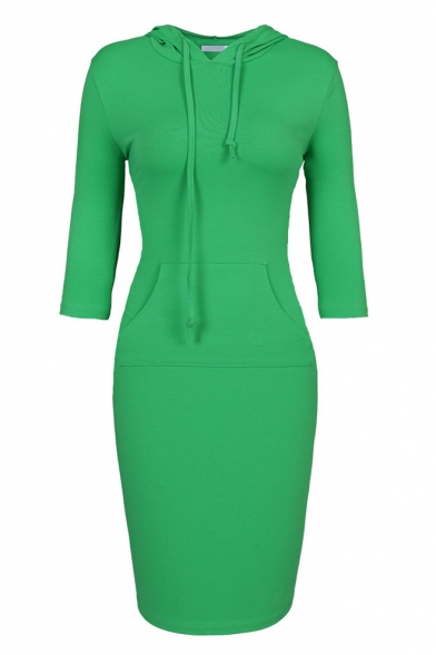 Womens Fashion Simple Solid Color Three-Quarter Sleeve Midi Fitted Hoodie Dress