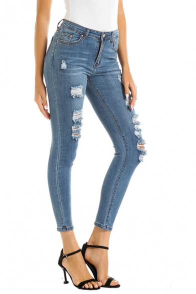 Womens Fashion Washed Blue Distressed Ripped Skinny Fit Jeans