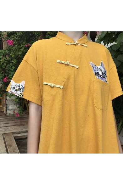 Womens Hot Fashion Yellow Short Sleeve Cat Embroidered Retro Frog Button Stand Collar Casual Loose Mini Dress