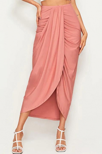 Womens Hot Popular Pink High Waist Knot Front Asymmetric Hem Midi Skirt