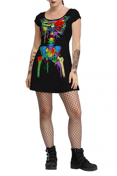 Womens Black Halloween Style Skeleton Print Scoop Neck Short Sleeve T-Shirt Mini Dress