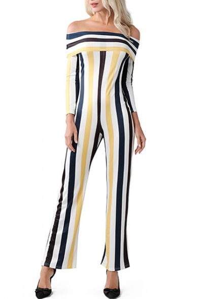 Womens Chic Off Shoulder Long Sleeves Striped Print Slim Jumpsuits for Party