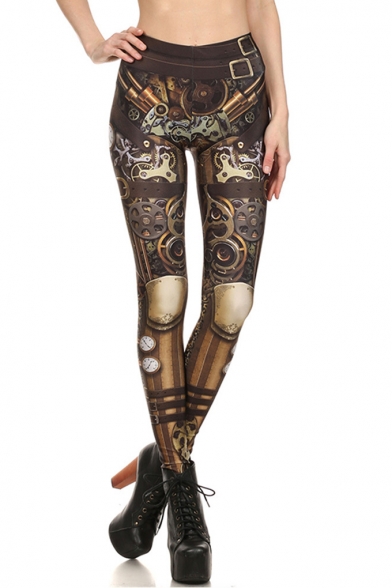 Womens Hot Stylish Brown Metallic Printed Elastic Waist Skinny Fitted Legging Pants