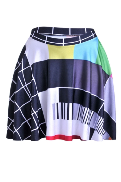 Womens Hot Stylish Geometric Collection Print Colorblock Elastic Waist Mini Skater Skirt