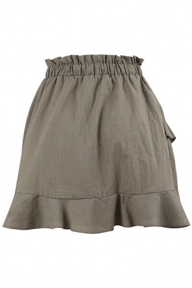 Womens Hot Stylish Green Paperbag Waist Ruffle Hem Drawstring Mini A-Line Skirt