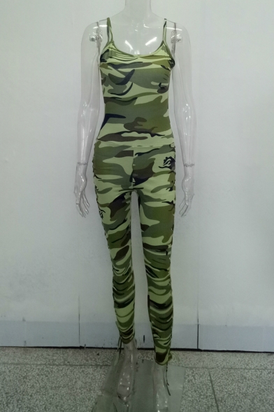 Womens New Trendy Green Strap Sleeveless Lace Up Side Camo Jumpsuits