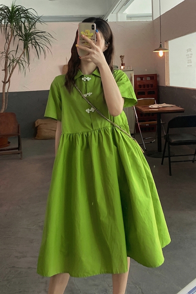 Womens New Trendy Summer Green Short Sleeve Frog Button Flared Mini Babydoll Dress