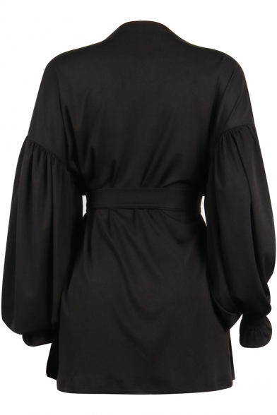 Womens Plain Fashion Black Sexy Plunging V-Neck Puff Long Sleeve Tied Waist Mini A-Line Dress