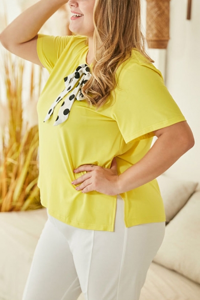 Womens Plus Size Summer Popular Yellow Bow-Tied Round Neck Short Sleeve T-Shirt