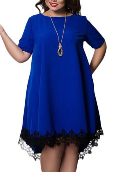 Womens Plus Size Trendy Elegant Plain Short Sleeve Lace Hem Patch Zip-Back Midi Oversize T-Shirt Dress