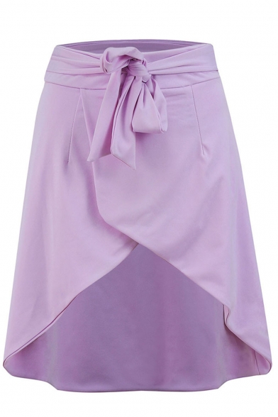Womens Purple Hot Fashion Split Front Gather Waist Self-Tie Mini Wrap Skirt