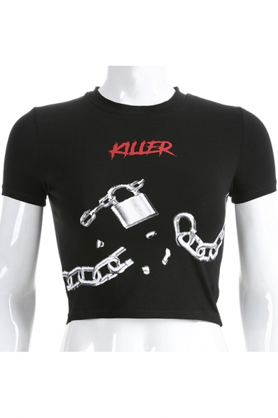 Womens Street Style Black Letter KILLER Lock Chain Printed Fitted Crop Tee