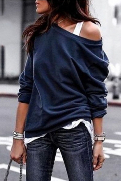 Womens Stylish Plain Cold Shoulder Long Sleeve Pullover Sweatshirt