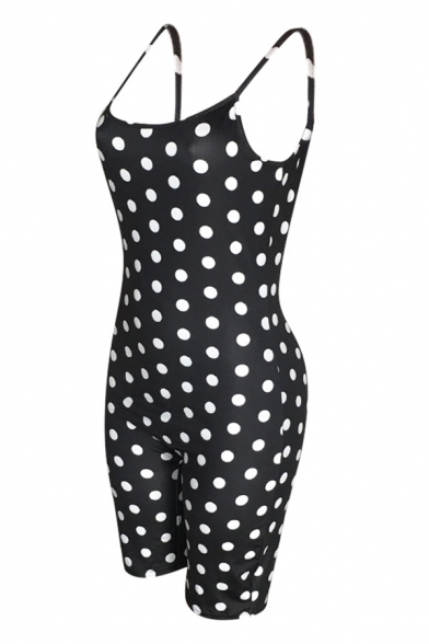 Womens Summer Fashion Black Polka Dot Printed Sleeveless Strap Skinny Fit Romper