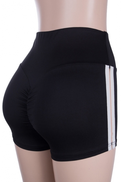 Womens Summer Fashion Colorblocked Striped Side Ruched Back Stretch Fit Training Sport Shorts
