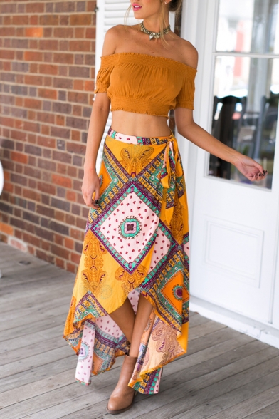 Womens Summer Fashion Holiday Tribal Printed Maxi Yellow Beach Wrap Skirt