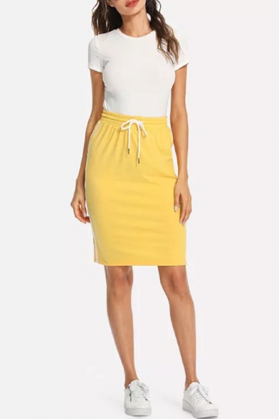 Womens Summer Hot Trendy Yellow Drawstring Waist Striped Side Midi Tube Skirt