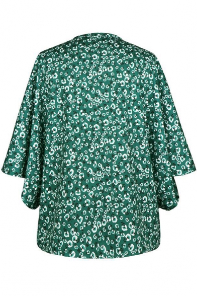 Womens Summer Stylish Green Pattern V-Neck Batwing Sleeve Loose Casual Blouse Top