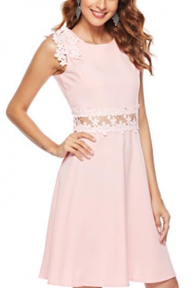 Womens Sweet Pink Chic Crochet Hem Beading Embellished Cutout Waist Round Neck Mini A-Line Dress
