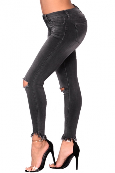 Womens Trendy Black Ripped Knee Cut Raw Hem Skinny Fit Jeans