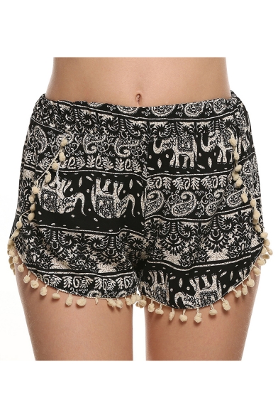 Womens Trendy Ethnic Style Tribal Elephant Print Pompom Hem Black Beach Shorts