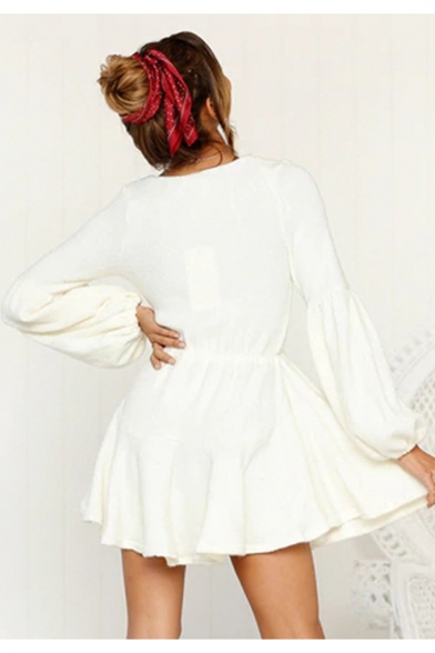 Womens Trendy Plain Surplice V-Neck Puff Long Sleeve Tied Waist Mini A-Line Dress