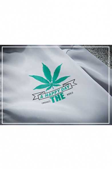 A HAPPY DAY Weed Logo Print Long Sleeve Zip Up Hooded Casual Lightweight Jacket
