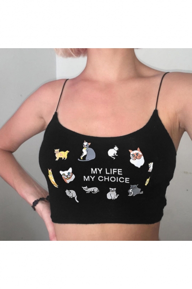 Cartoon Cat Letter MY LIFE MY CHOICE Print Scoop Neck Black Cropped Cami Top