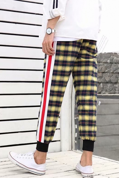 Casual Fashion Plaid Pattern Contrast Stripe Side Drawstring Waist Men's Relaxed Track Pants