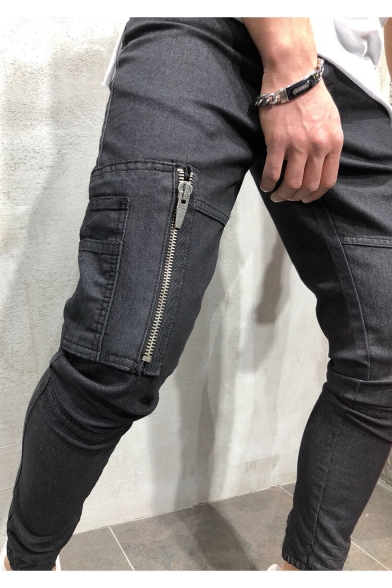 Cool Fashion Zipped Pocket Solid Color Slim Fit Pencil Pants for Men