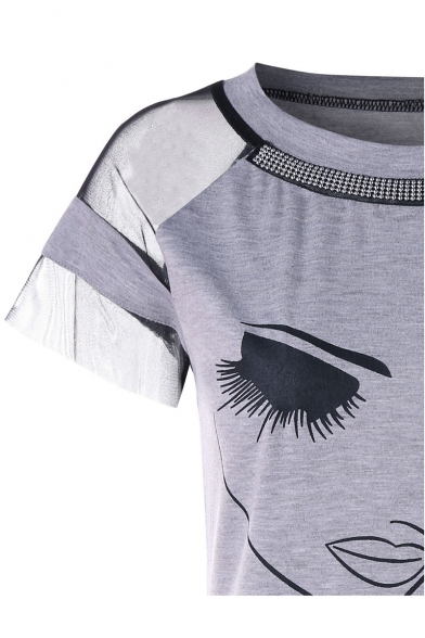 Cool Portrait Pattern Round Neck Mesh-Panel Short Sleeve Grey T-Shirt