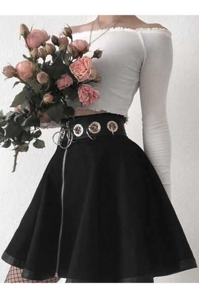 Cool Unique High Waist Eyelet-Embellished Mini Black Flared Skirt