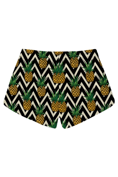 Fancy Zigzag Stripe Pineapple Printed Drawstring Waist Womens Swimwear Beach Shorts