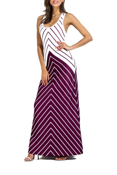 Fancy Zigzag Striped Printed Scoop Neck Sleeveless Maxi Tank Dress for Women