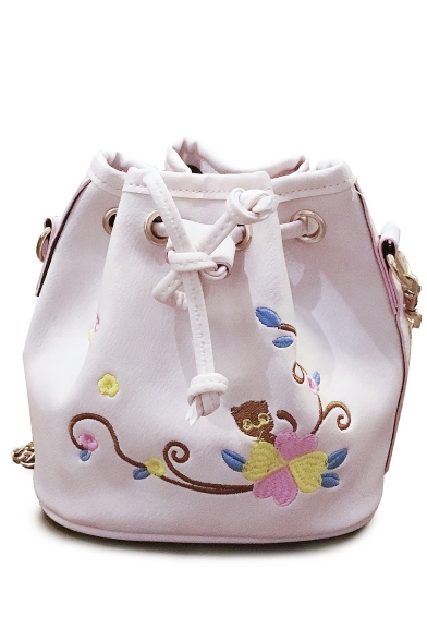 Fashion Floral Embroidery Pattern Drawstring Bucket Bag 17*17*13 CM