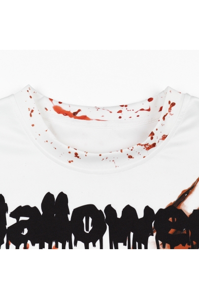 Fashion Halloween Blood Teddy Bear Printed Crewneck Long Sleeve White Sweatshirt