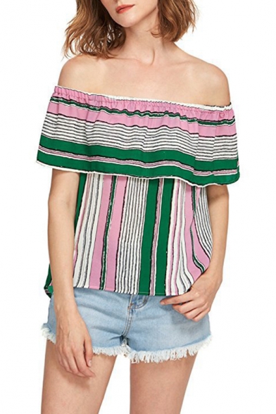 Fashion Off the Shoulder Ruffled Hem Vertical Striped Blouse Top