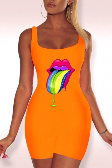 Fashion Summer Chic Sleeveless Scoop Neck Multicolor Mouth Printed Fitted Playsuit Rompers