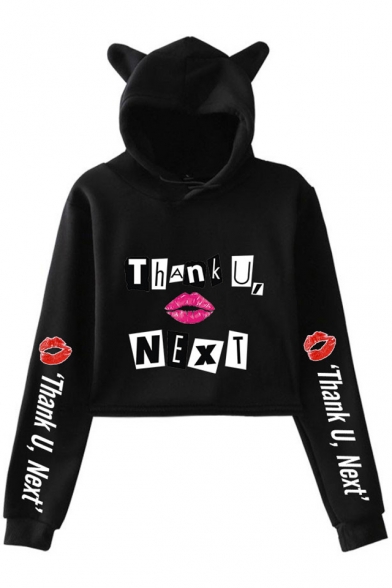 Fashion Unique Red Lip Letter THANK U NEXT Print Cat Ear Long Sleeve Cropped Hoodie