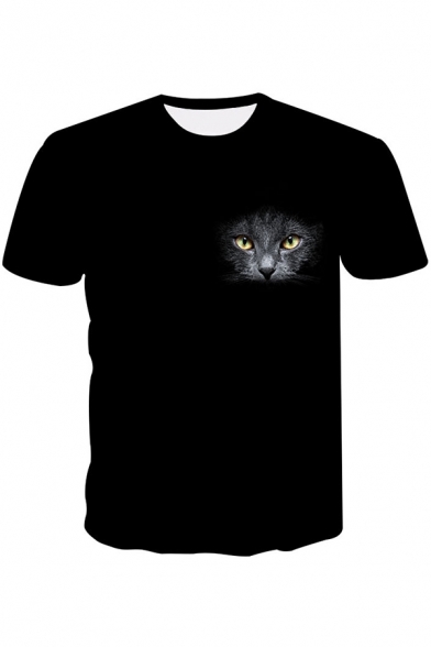 Funny 3D Cat Printed Basic Round Neck Short Sleeve Loose Relaxed Black Tee