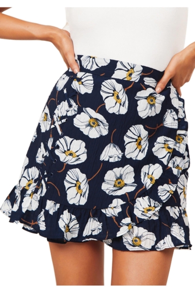 Girls Fancy Blue Floral Printed High Rise Mini A-Line Skirt