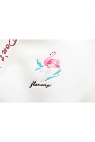 Girls Simple Flamingo Embroidery Letter Heart Drawstring Loose Fit Pullover Hoodie