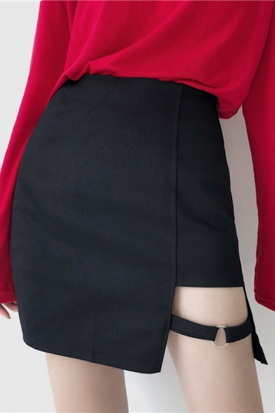 Girls Summer Black Plain High Rise Ring Cutout Side Mini Bodycon Skirt