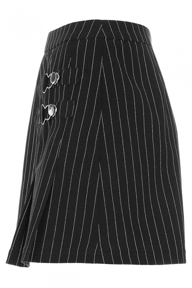 Girls Summer Black Vertical Striped Printed Mini A-Line Skirt
